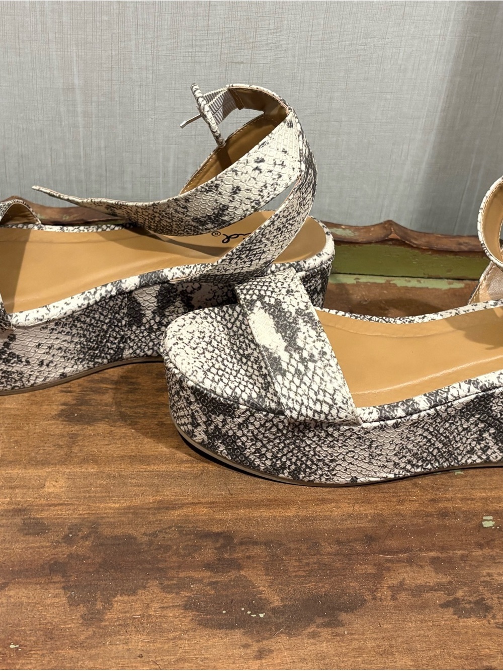Qupid White and Gray Snake-Print Ankle Strap Sandals - Picture 3 of 5